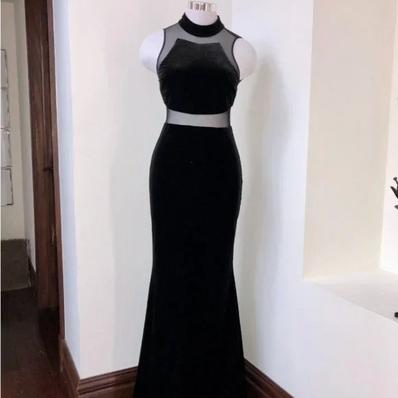 Betsy & Adam Black Velvet Gown Dress Illusion Mesh Size 4 - Picture 2 of 6